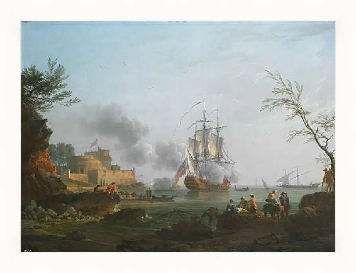 Картина в раме - The entrance to a harbor with a ship firing a salute. Клод Жозеф Верне