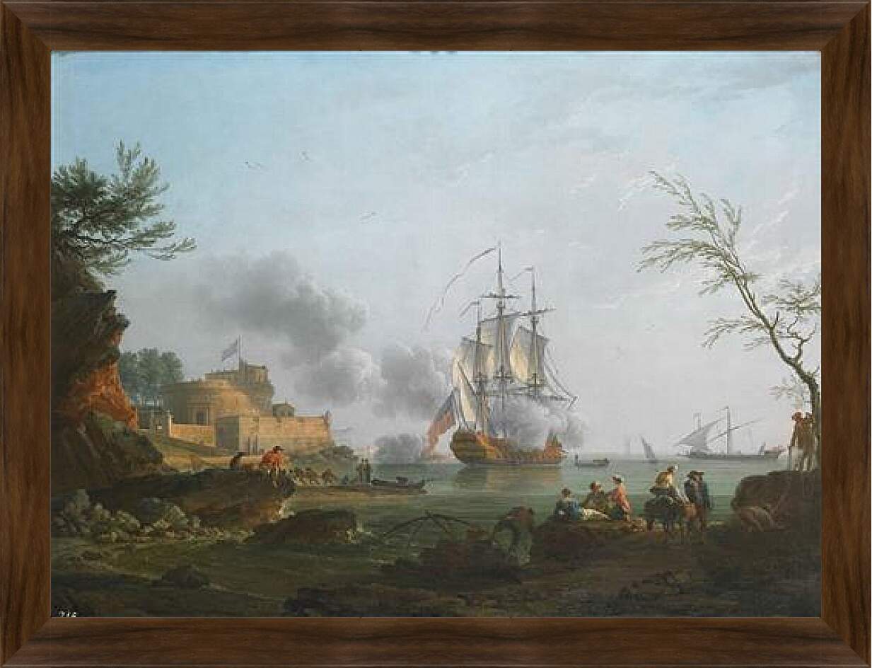 Картина в раме - The entrance to a harbor with a ship firing a salute. Клод Жозеф Верне