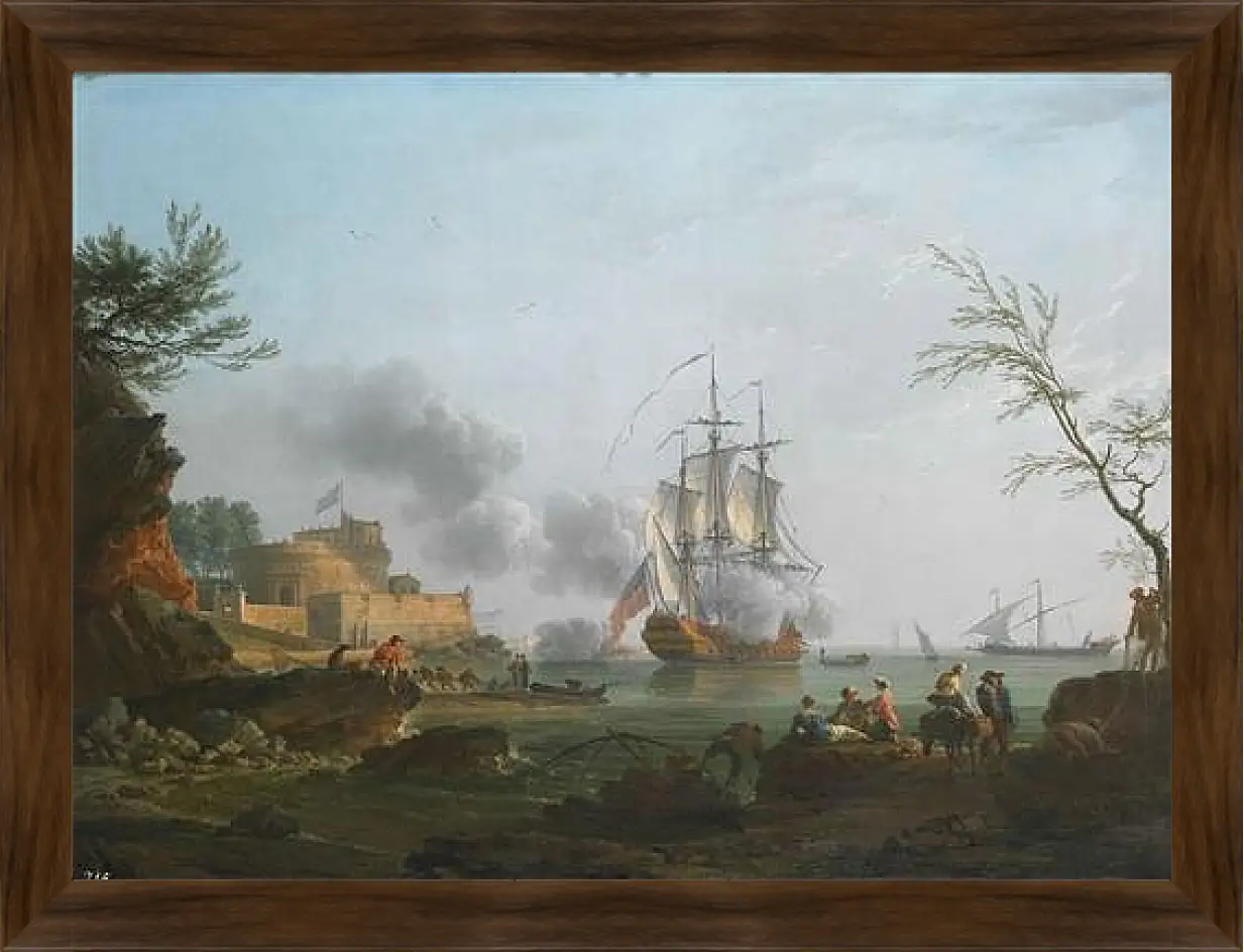 Картина в раме - The entrance to a harbor with a ship firing a salute. Клод Жозеф Верне