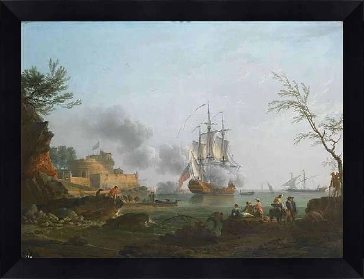 Картина в раме - The entrance to a harbor with a ship firing a salute. Клод Жозеф Верне