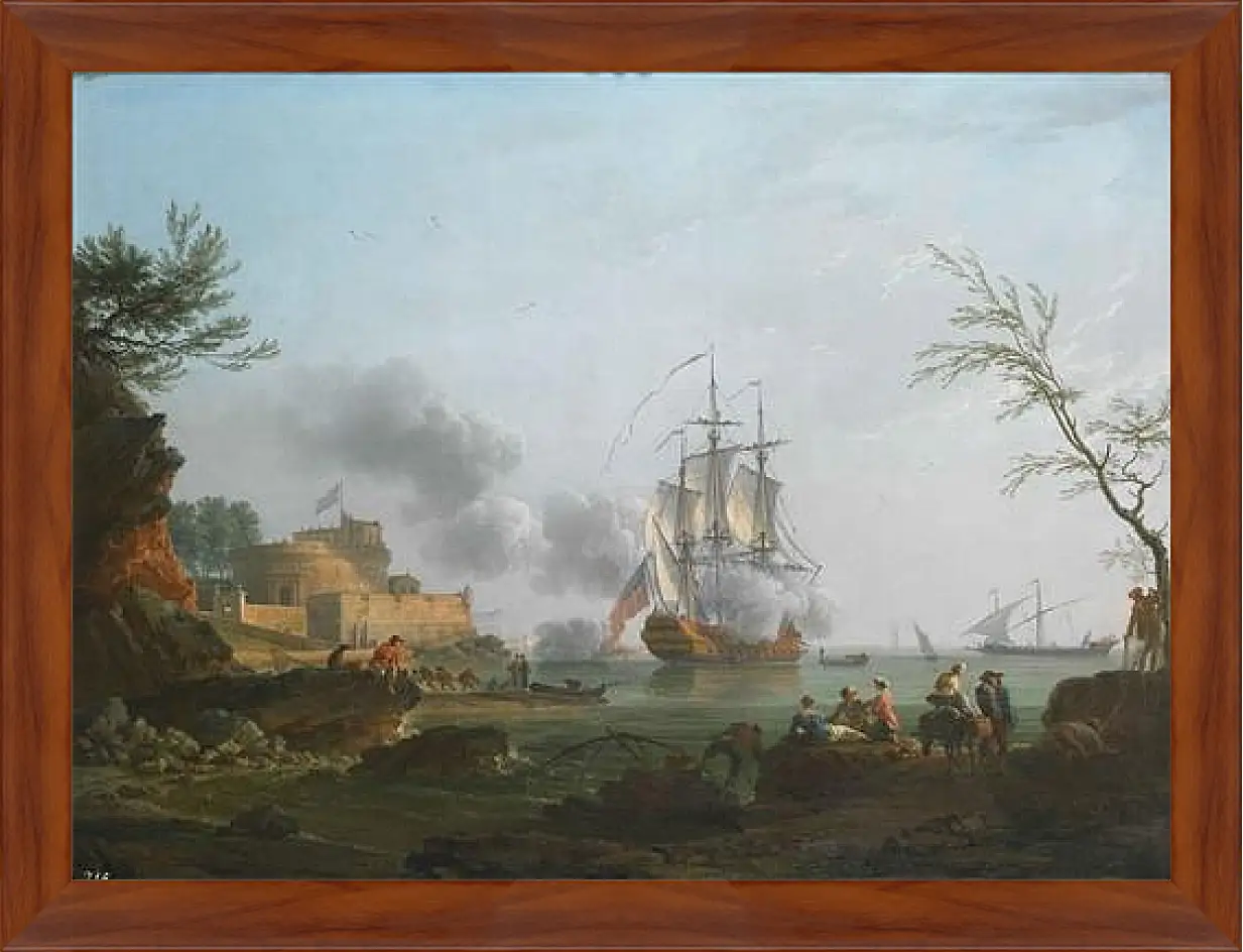 Картина в раме - The entrance to a harbor with a ship firing a salute. Клод Жозеф Верне