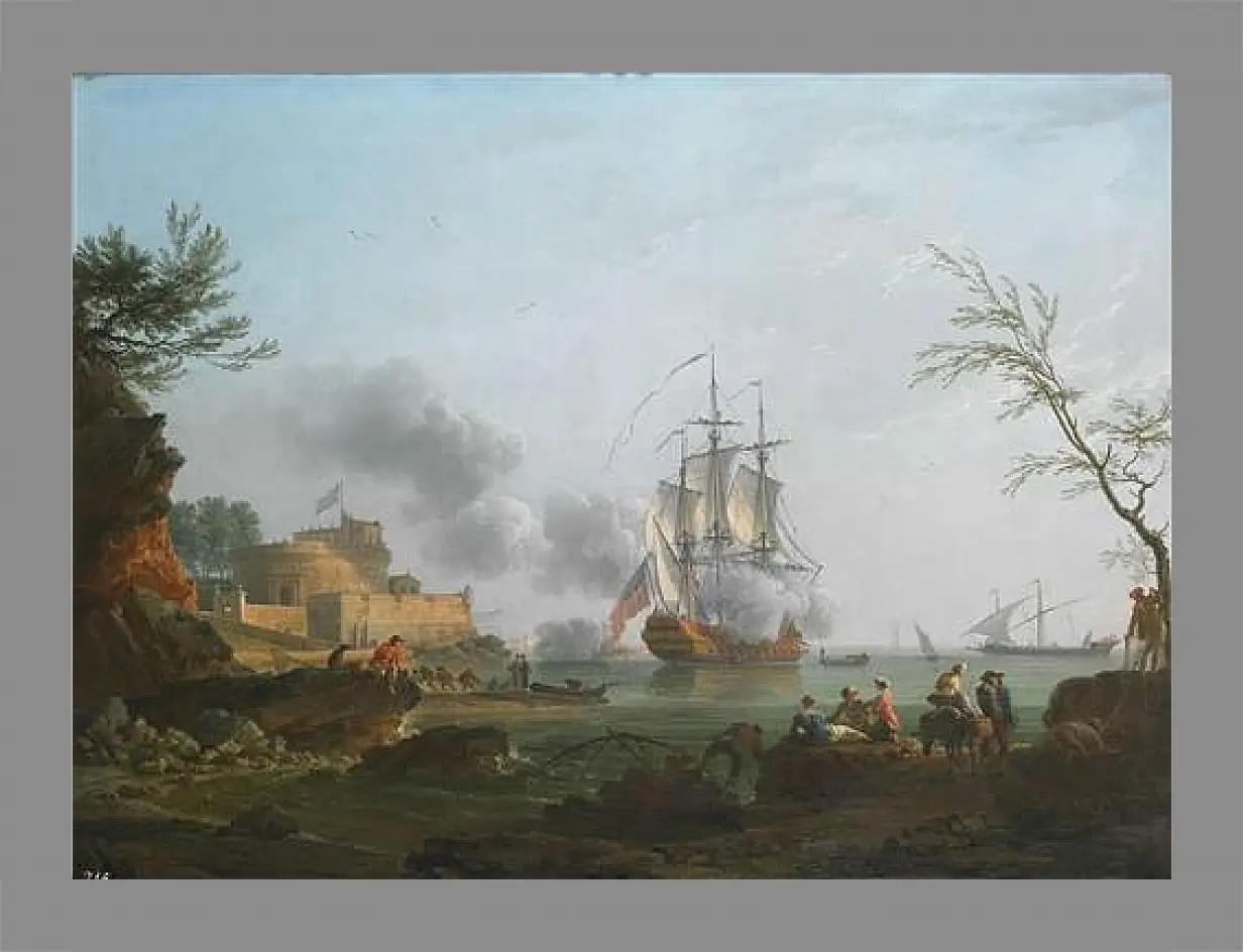 Картина в раме - The entrance to a harbor with a ship firing a salute. Клод Жозеф Верне