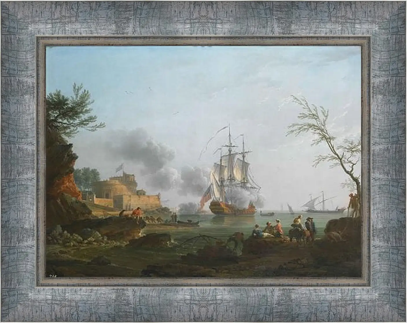Картина в раме - The entrance to a harbor with a ship firing a salute. Клод Жозеф Верне