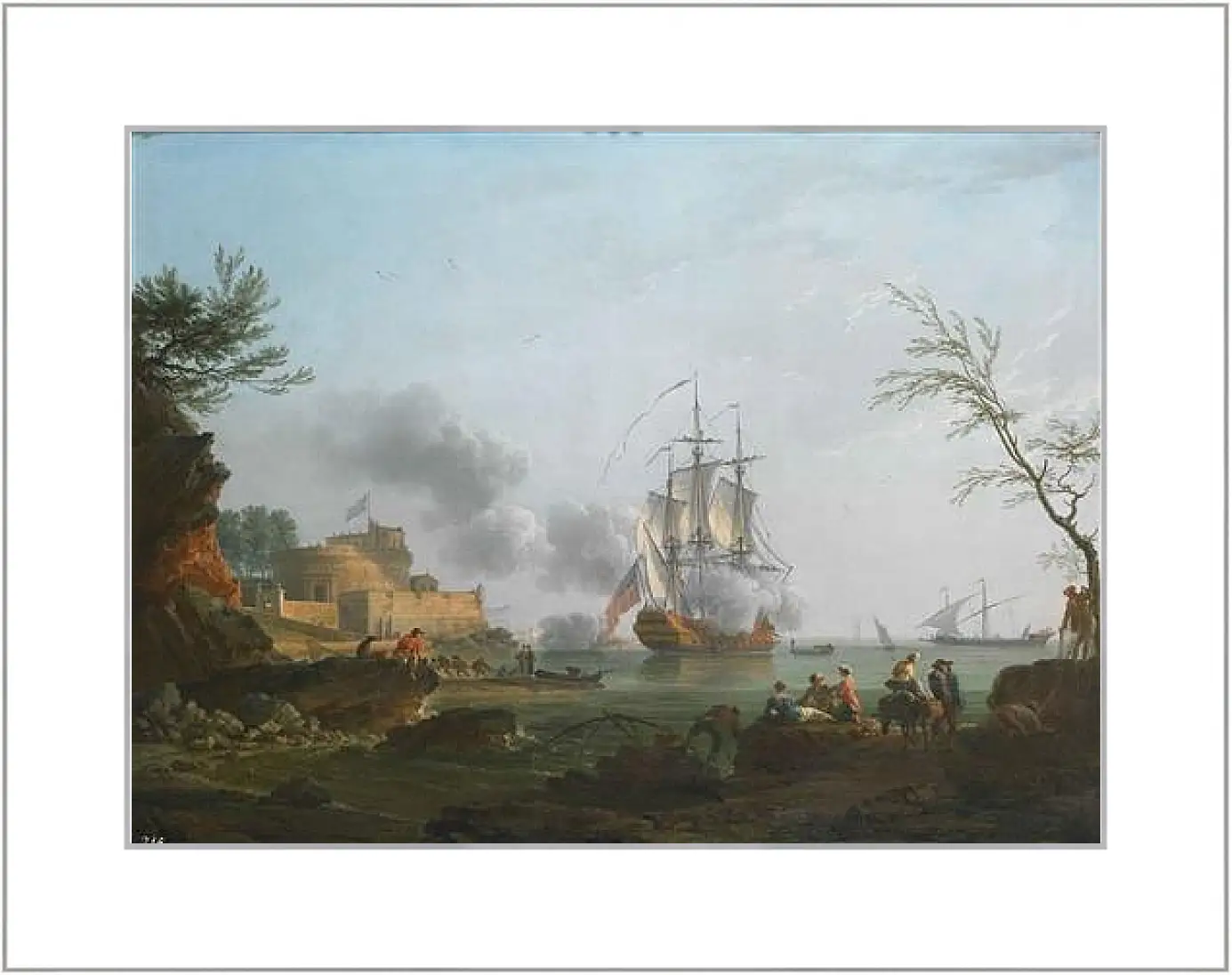 Картина в раме - The entrance to a harbor with a ship firing a salute. Клод Жозеф Верне