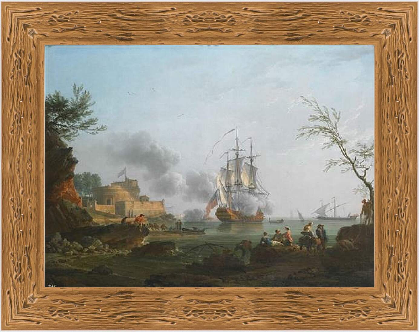 Картина в раме - The entrance to a harbor with a ship firing a salute. Клод Жозеф Верне