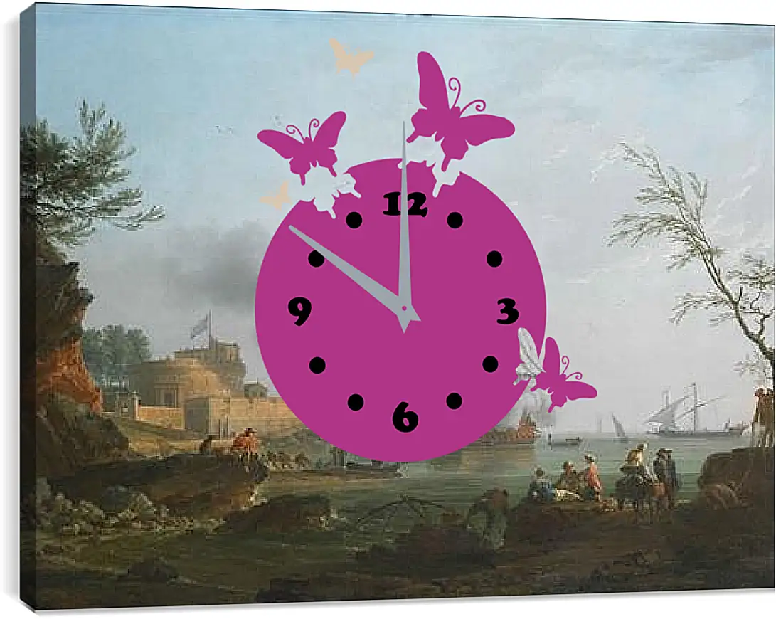 Часы картина - The entrance to a harbor with a ship firing a salute. Клод Жозеф Верне