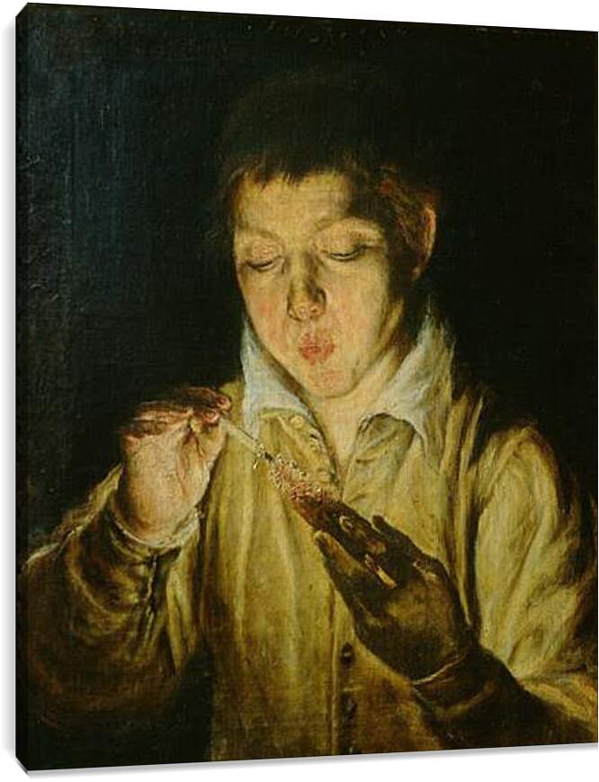 Постер и плакат - A Boy Blowing on an Ember to Light a Candle. Эль Греко