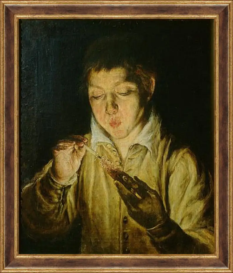 Картина в раме - A Boy Blowing on an Ember to Light a Candle. Эль Греко