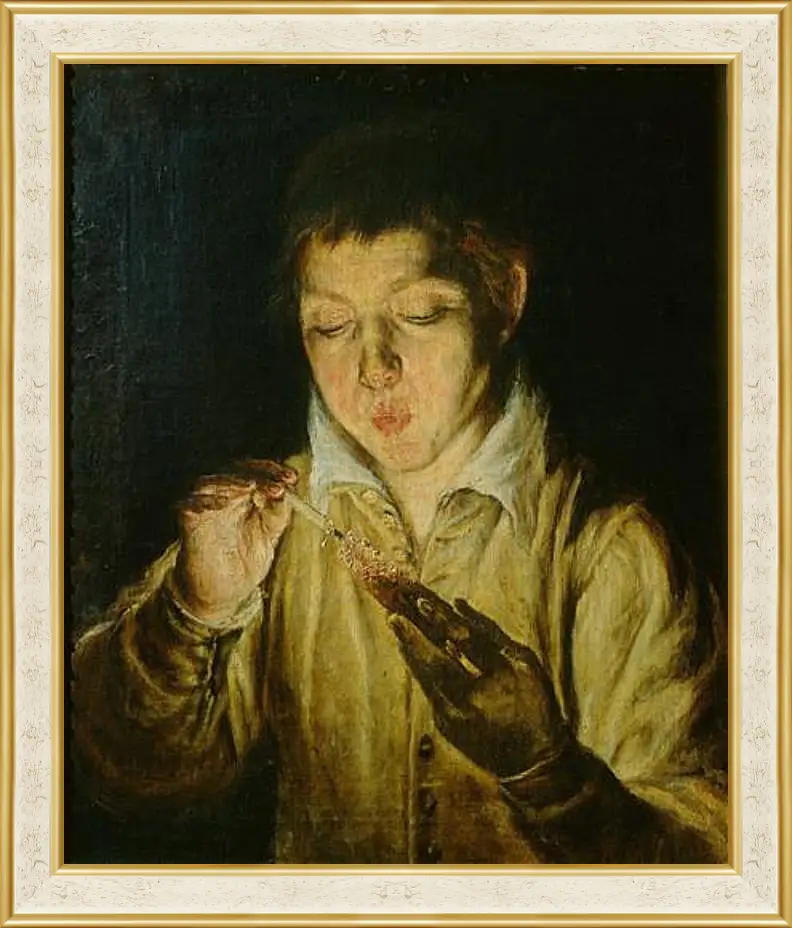 Картина в раме - A Boy Blowing on an Ember to Light a Candle. Эль Греко