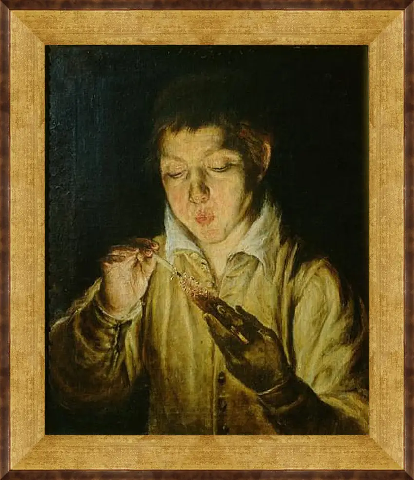 Картина в раме - A Boy Blowing on an Ember to Light a Candle. Эль Греко