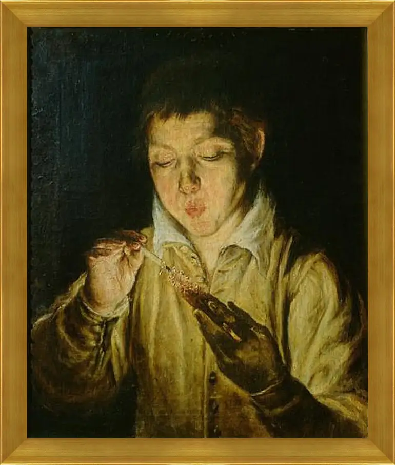 Картина в раме - A Boy Blowing on an Ember to Light a Candle. Эль Греко