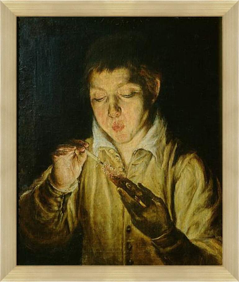 Картина в раме - A Boy Blowing on an Ember to Light a Candle. Эль Греко