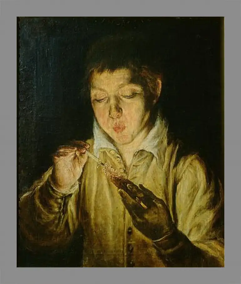 Картина в раме - A Boy Blowing on an Ember to Light a Candle. Эль Греко