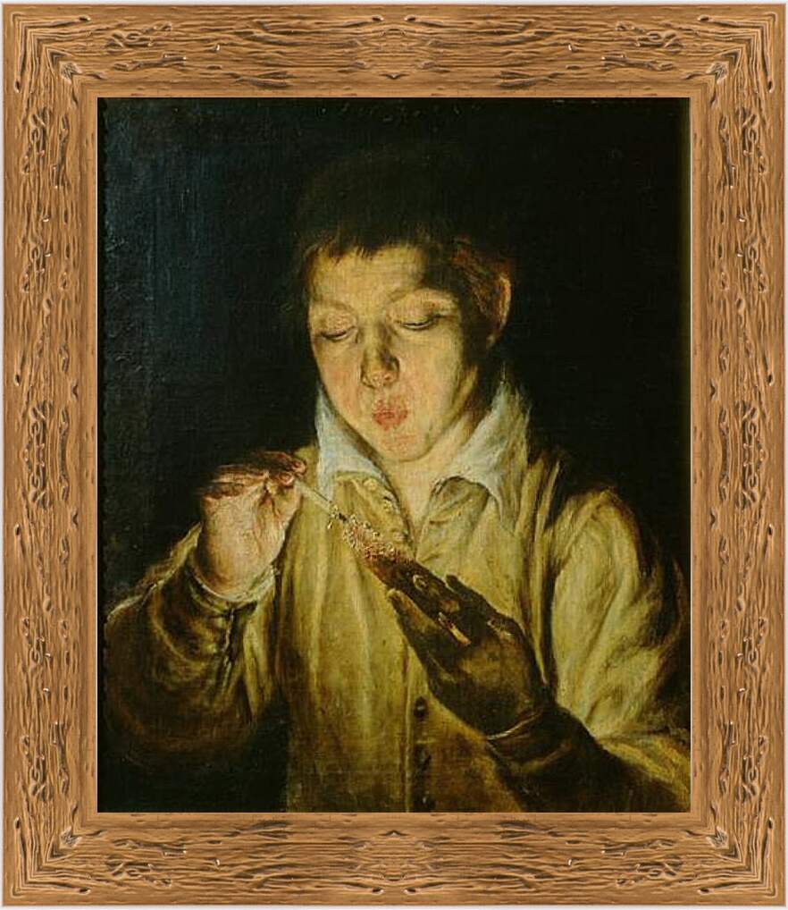 Картина в раме - A Boy Blowing on an Ember to Light a Candle. Эль Греко