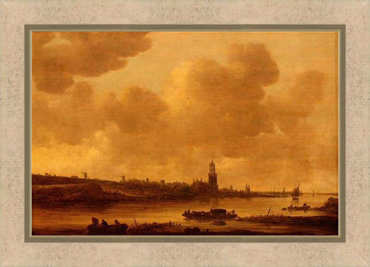 Картина в раме - Vue de Rhenen sur le Rhin avec l еglise Sainte-Cunera. Ян ван Гойен