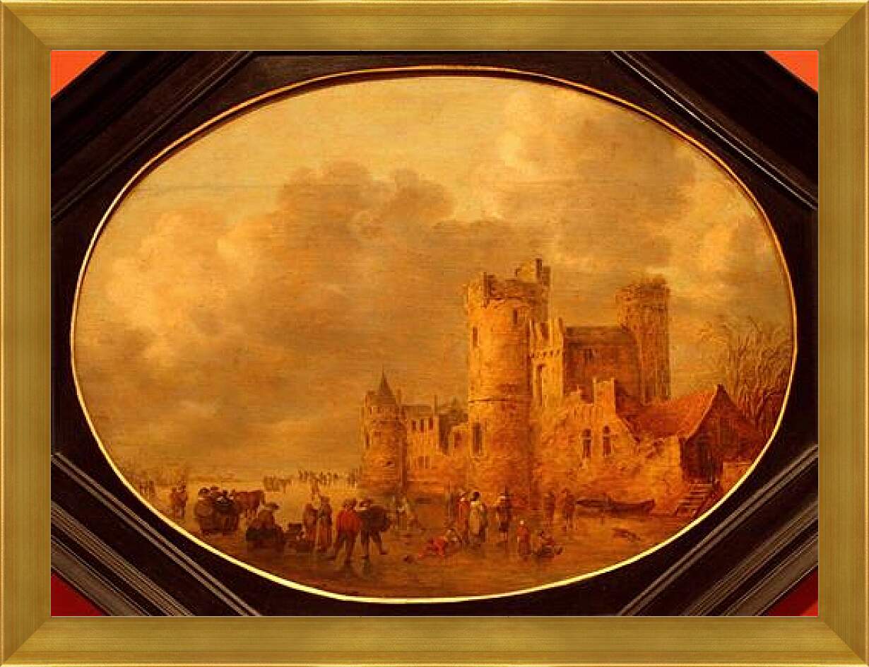 Картина в раме - Patineurs devant un chаteau mеdiеval. Ян ван Гойен