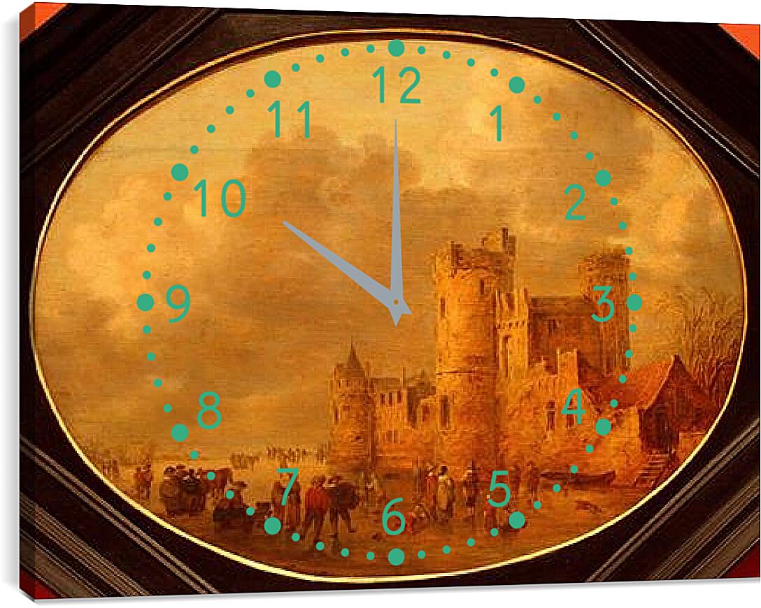 Часы картина - Patineurs devant un chаteau mеdiеval. Ян ван Гойен