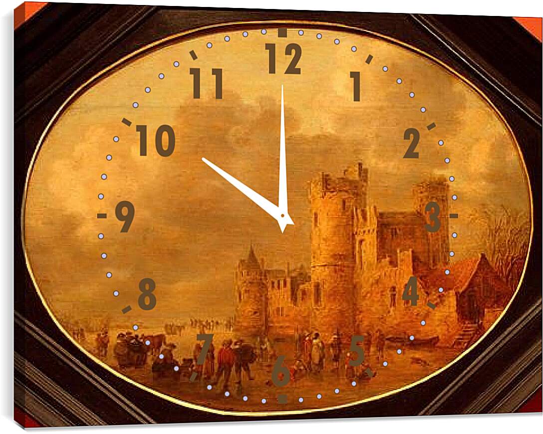 Часы картина - Patineurs devant un chаteau mеdiеval. Ян ван Гойен