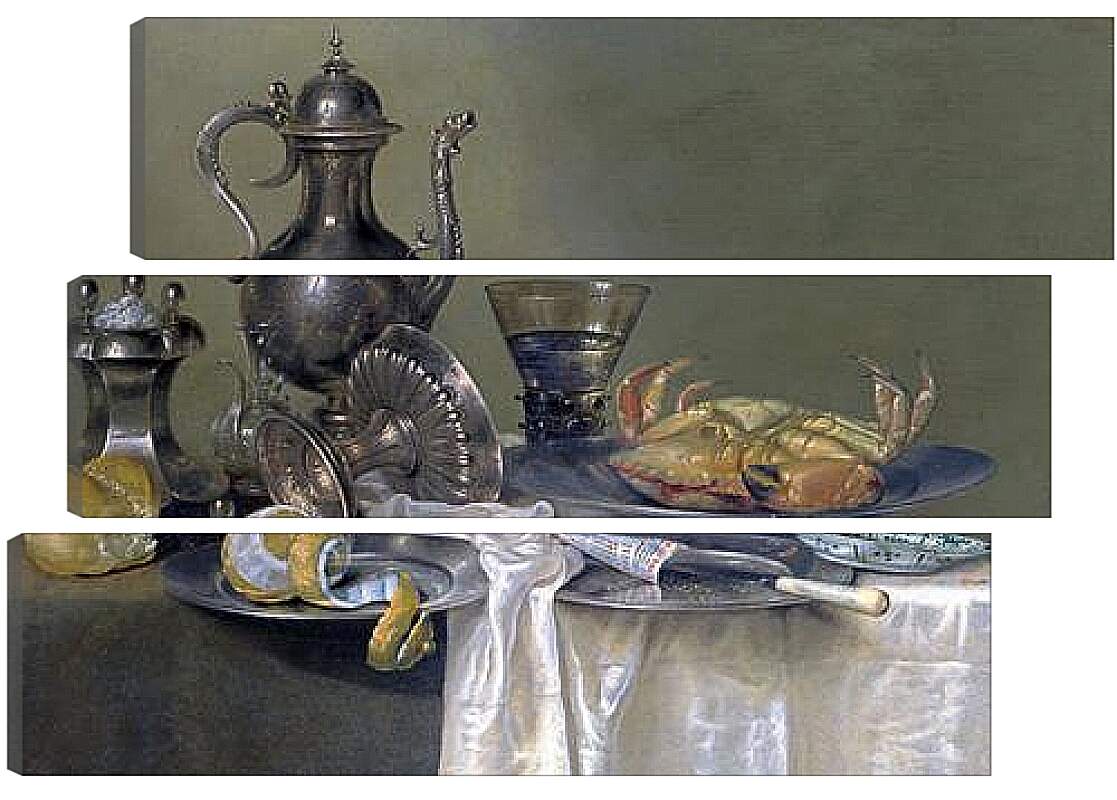 Модульная картина - Натюрморт с оловянным и серебрянным сосудами и крабом. Виллем Клас Хеда