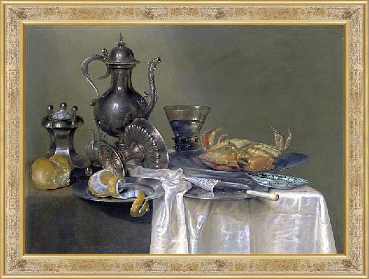 Картина в раме - Натюрморт с оловянным и серебрянным сосудами и крабом. Виллем Клас Хеда
