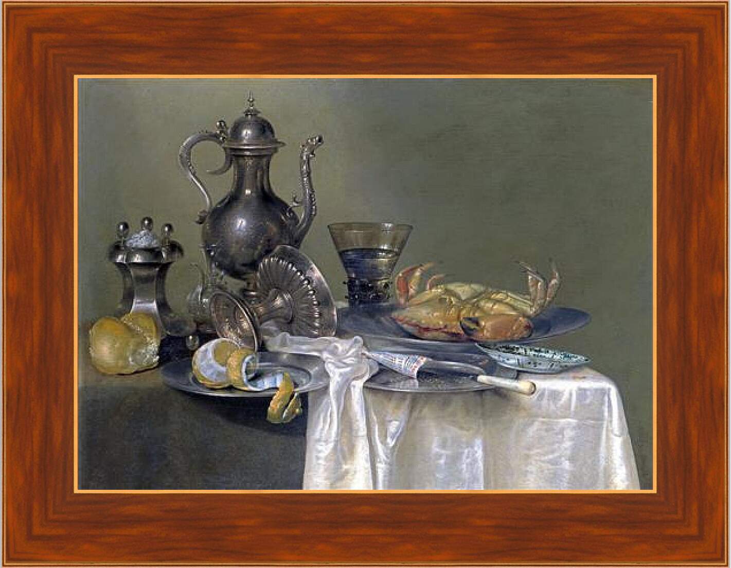 Картина в раме - Натюрморт с оловянным и серебрянным сосудами и крабом. Виллем Клас Хеда