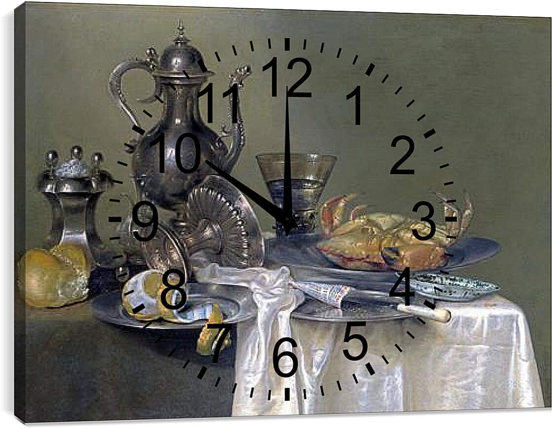Часы картина - Натюрморт с оловянным и серебрянным сосудами и крабом. Виллем Клас Хеда