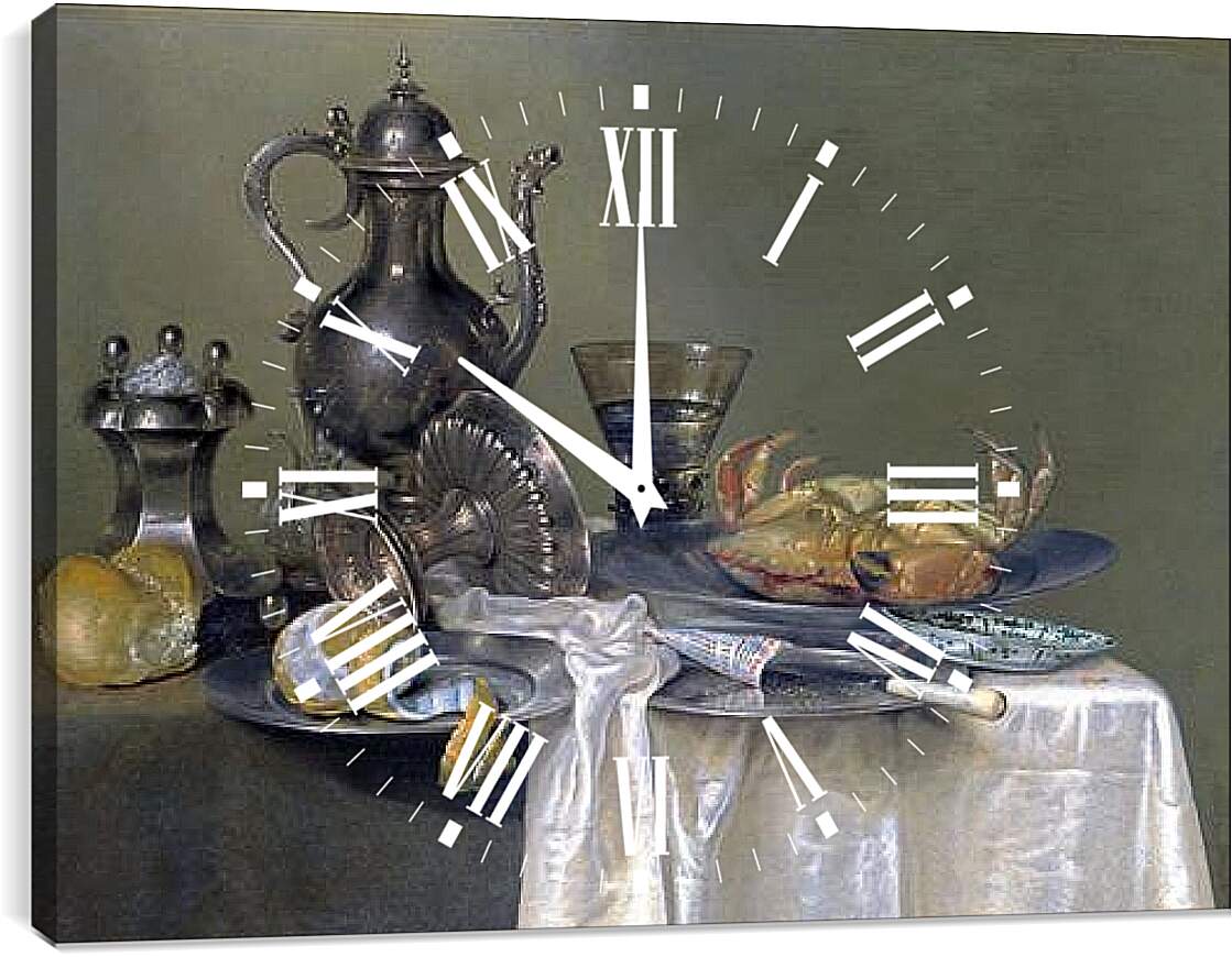 Часы картина - Натюрморт с оловянным и серебрянным сосудами и крабом. Виллем Клас Хеда