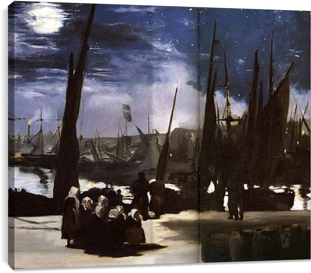 Постер и плакат - Clair de Lune sur le port de Boulogne,Moonlight on the wearing of Boulogne, Huile sur toile. Эдуард Мане