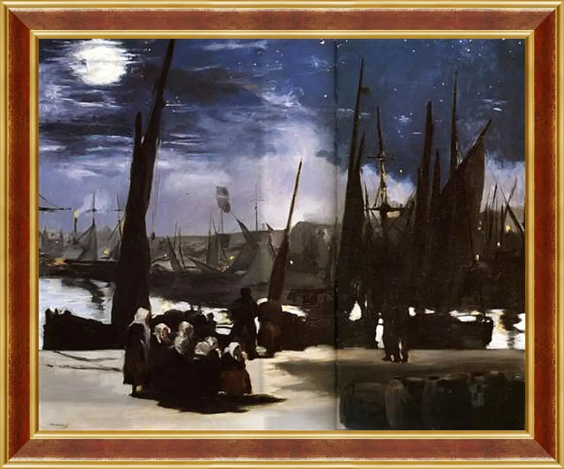 Картина в раме - Clair de Lune sur le port de Boulogne,Moonlight on the wearing of Boulogne, Huile sur toile. Эдуард Мане