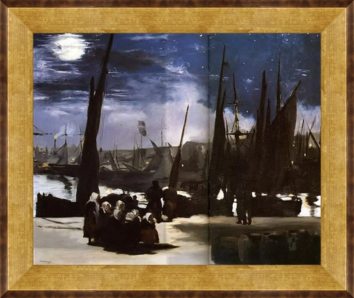 Картина в раме - Clair de Lune sur le port de Boulogne,Moonlight on the wearing of Boulogne, Huile sur toile. Эдуард Мане