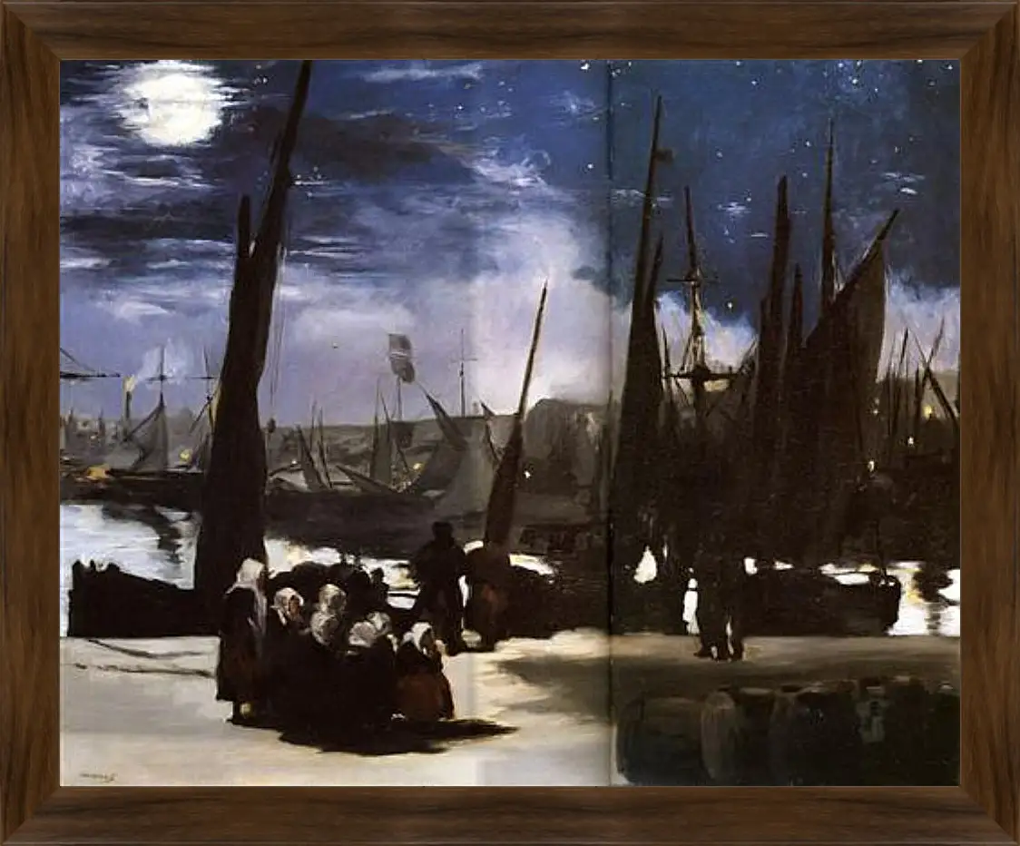 Картина в раме - Clair de Lune sur le port de Boulogne,Moonlight on the wearing of Boulogne, Huile sur toile. Эдуард Мане