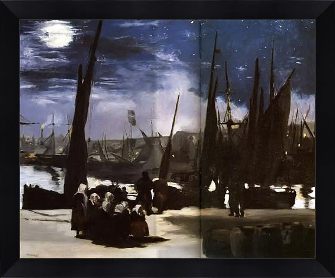 Картина в раме - Clair de Lune sur le port de Boulogne,Moonlight on the wearing of Boulogne, Huile sur toile. Эдуард Мане