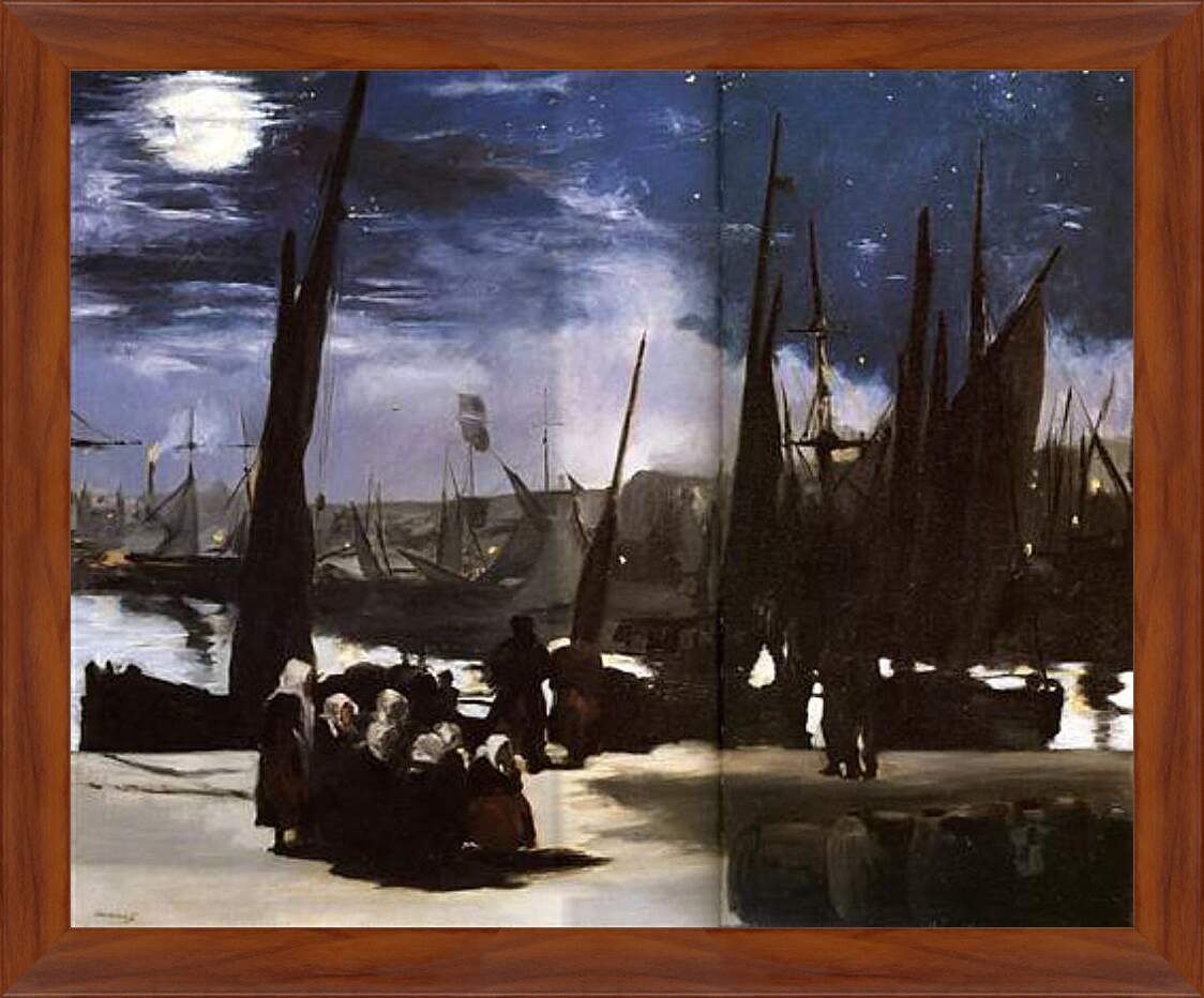 Картина в раме - Clair de Lune sur le port de Boulogne,Moonlight on the wearing of Boulogne, Huile sur toile. Эдуард Мане