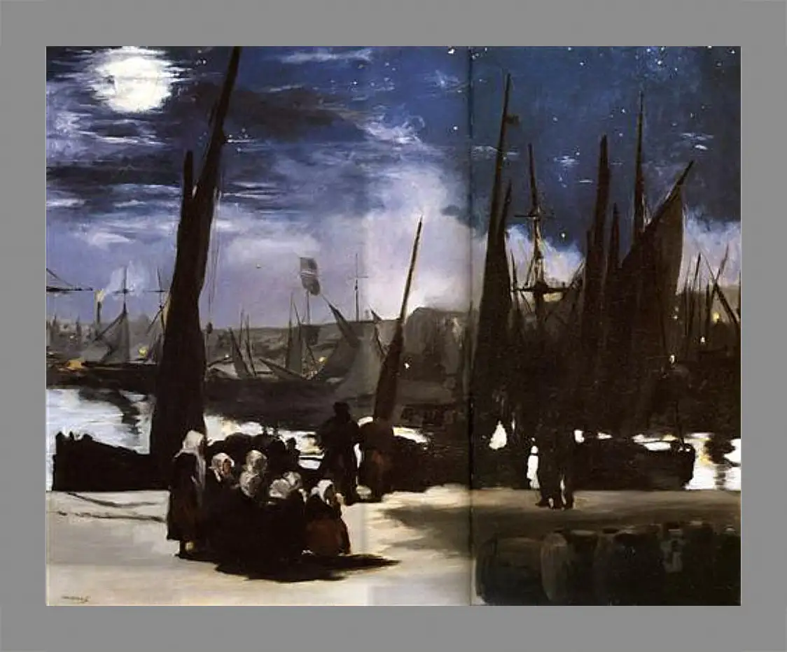 Картина в раме - Clair de Lune sur le port de Boulogne,Moonlight on the wearing of Boulogne, Huile sur toile. Эдуард Мане