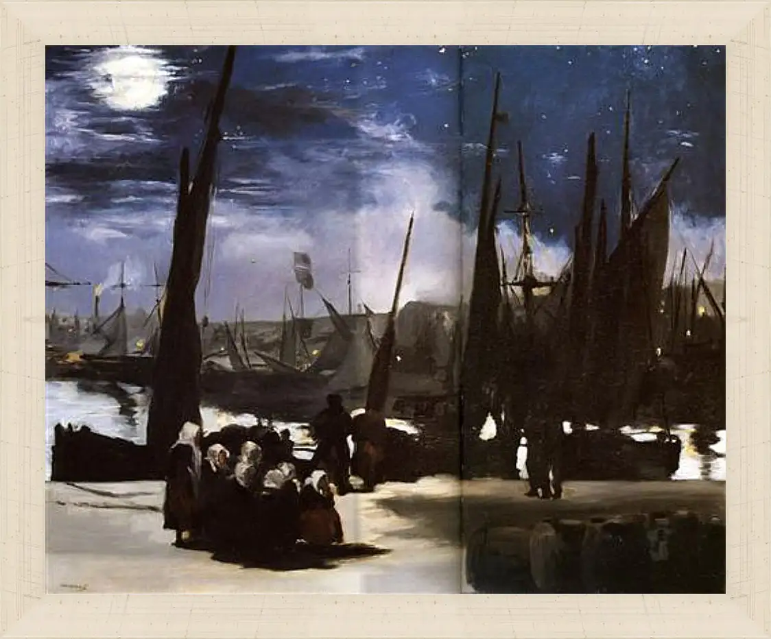 Картина в раме - Clair de Lune sur le port de Boulogne,Moonlight on the wearing of Boulogne, Huile sur toile. Эдуард Мане