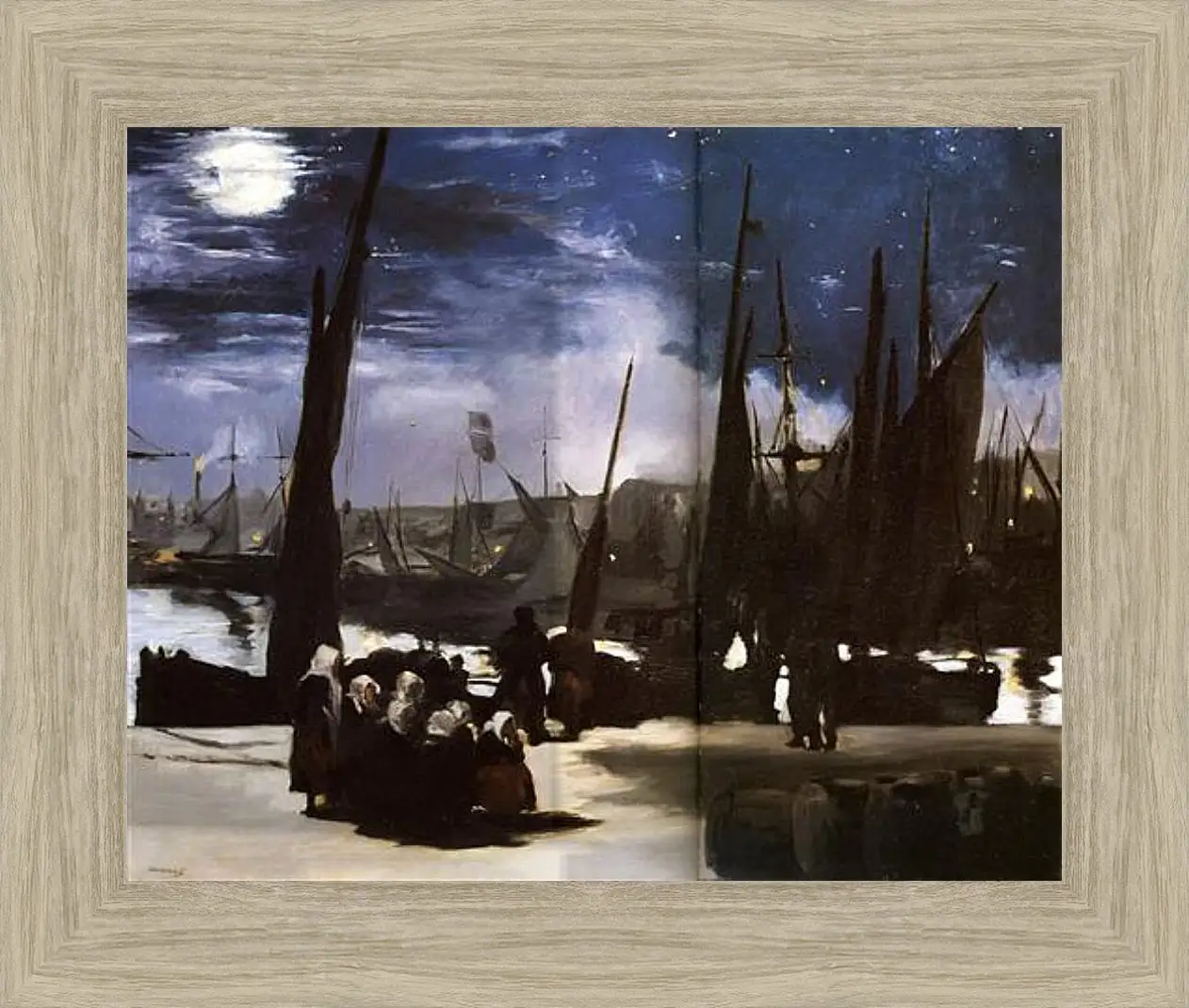 Картина в раме - Clair de Lune sur le port de Boulogne,Moonlight on the wearing of Boulogne, Huile sur toile. Эдуард Мане