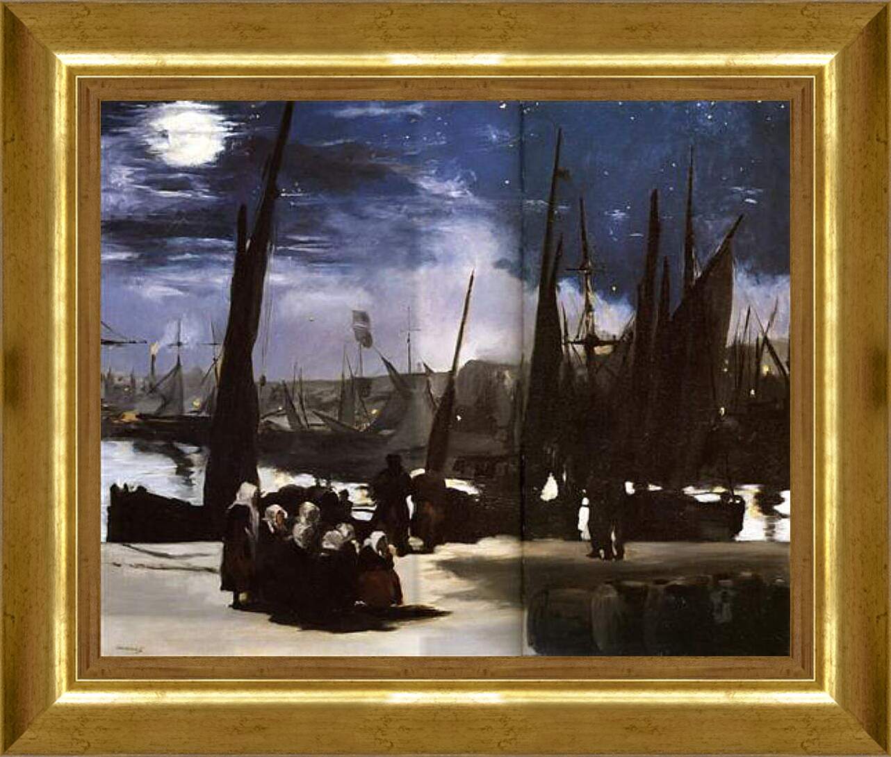 Картина в раме - Clair de Lune sur le port de Boulogne,Moonlight on the wearing of Boulogne, Huile sur toile. Эдуард Мане