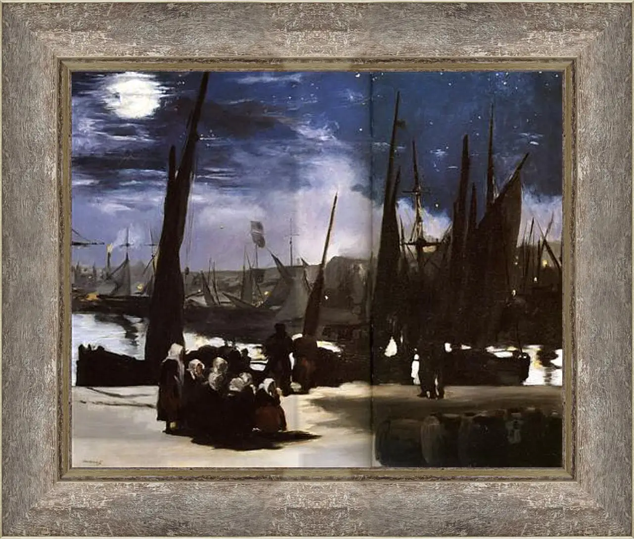 Картина в раме - Clair de Lune sur le port de Boulogne,Moonlight on the wearing of Boulogne, Huile sur toile. Эдуард Мане