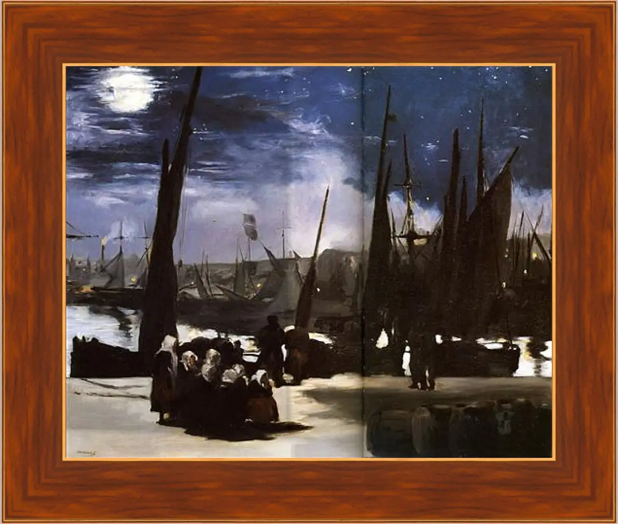 Картина в раме - Clair de Lune sur le port de Boulogne,Moonlight on the wearing of Boulogne, Huile sur toile. Эдуард Мане