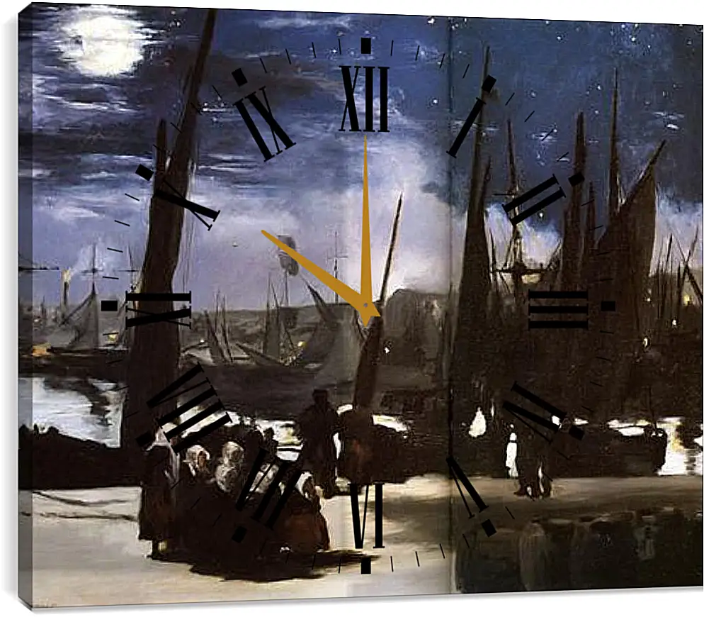 Часы картина - Clair de Lune sur le port de Boulogne,Moonlight on the wearing of Boulogne, Huile sur toile. Эдуард Мане
