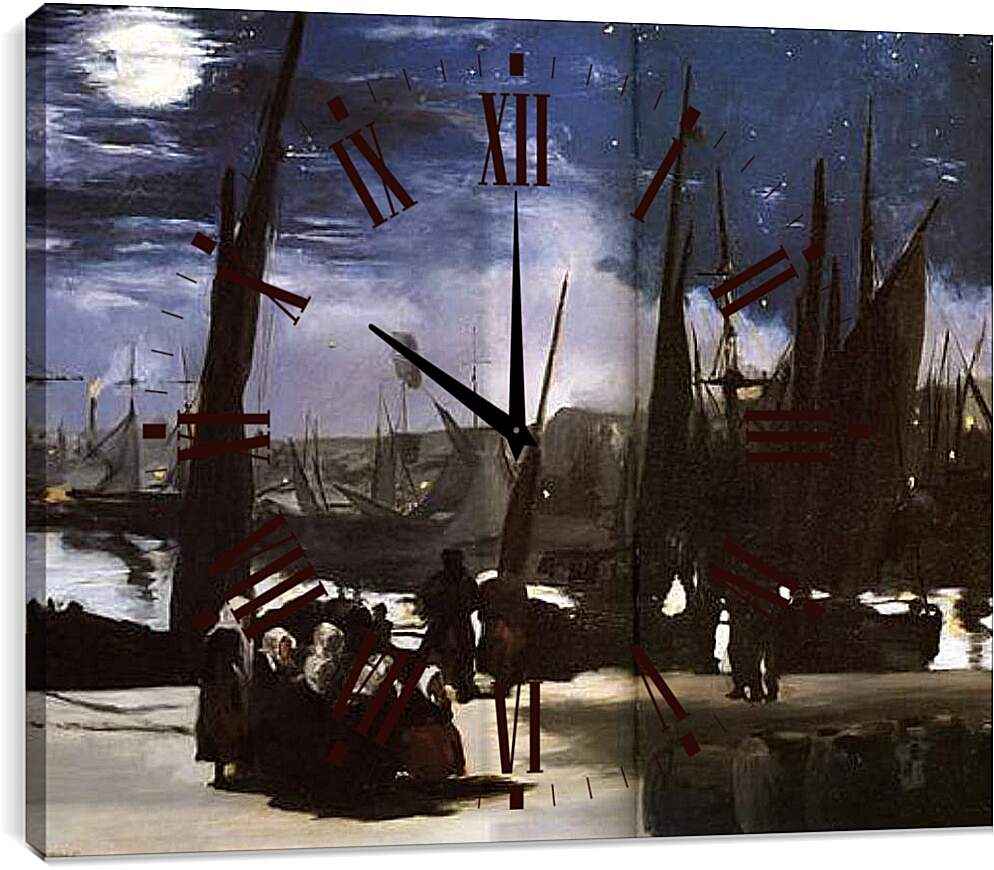 Часы картина - Clair de Lune sur le port de Boulogne,Moonlight on the wearing of Boulogne, Huile sur toile. Эдуард Мане