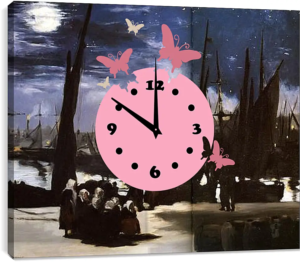 Часы картина - Clair de Lune sur le port de Boulogne,Moonlight on the wearing of Boulogne, Huile sur toile. Эдуард Мане