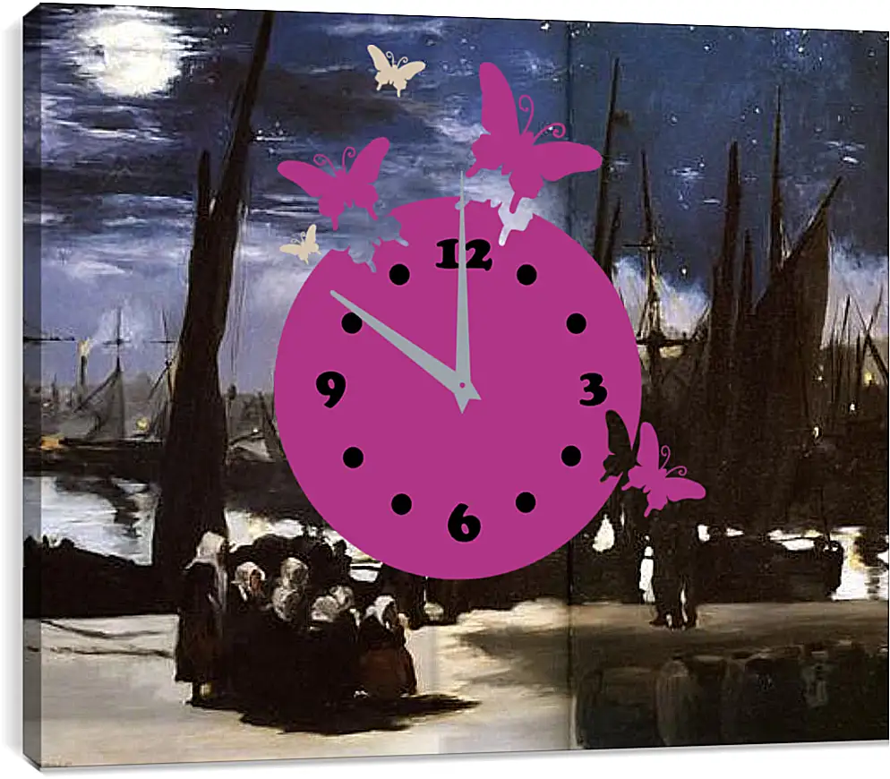 Часы картина - Clair de Lune sur le port de Boulogne,Moonlight on the wearing of Boulogne, Huile sur toile. Эдуард Мане