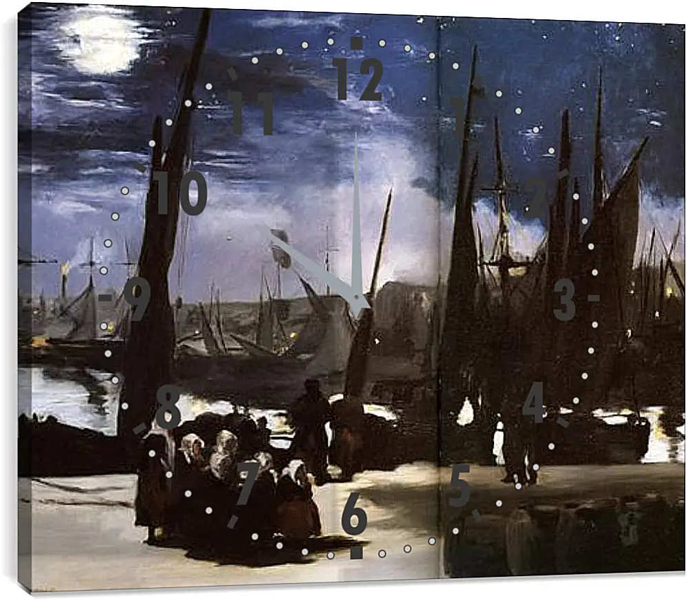 Часы картина - Clair de Lune sur le port de Boulogne,Moonlight on the wearing of Boulogne, Huile sur toile. Эдуард Мане