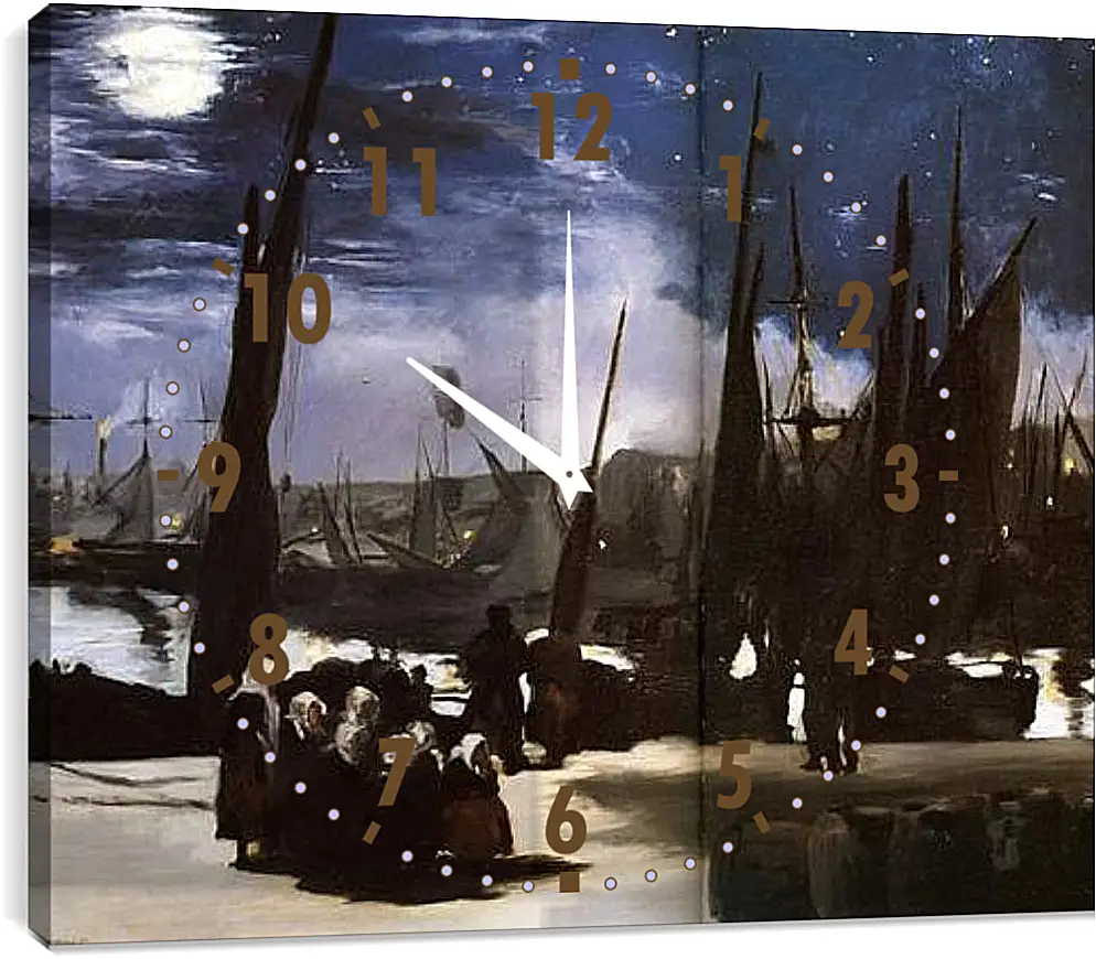 Часы картина - Clair de Lune sur le port de Boulogne,Moonlight on the wearing of Boulogne, Huile sur toile. Эдуард Мане