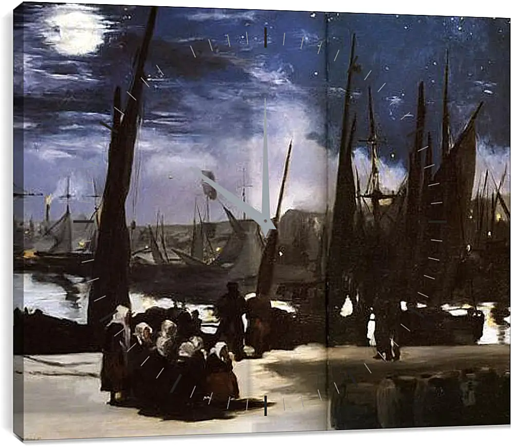 Часы картина - Clair de Lune sur le port de Boulogne,Moonlight on the wearing of Boulogne, Huile sur toile. Эдуард Мане