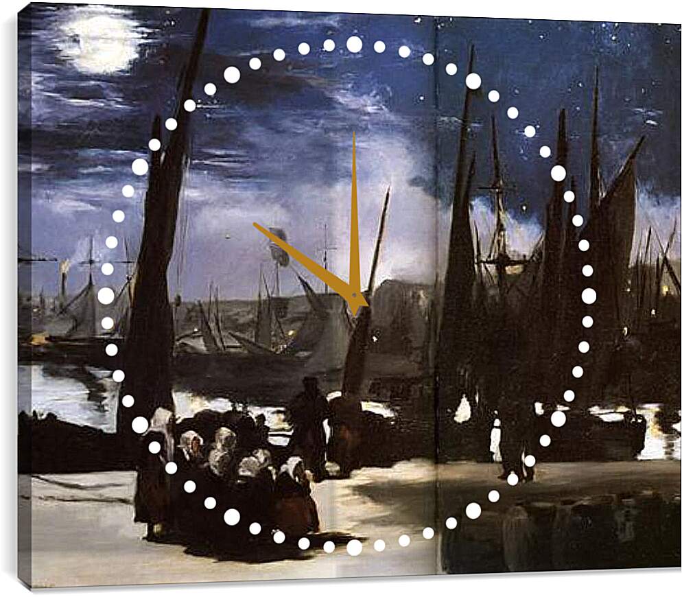 Часы картина - Clair de Lune sur le port de Boulogne,Moonlight on the wearing of Boulogne, Huile sur toile. Эдуард Мане
