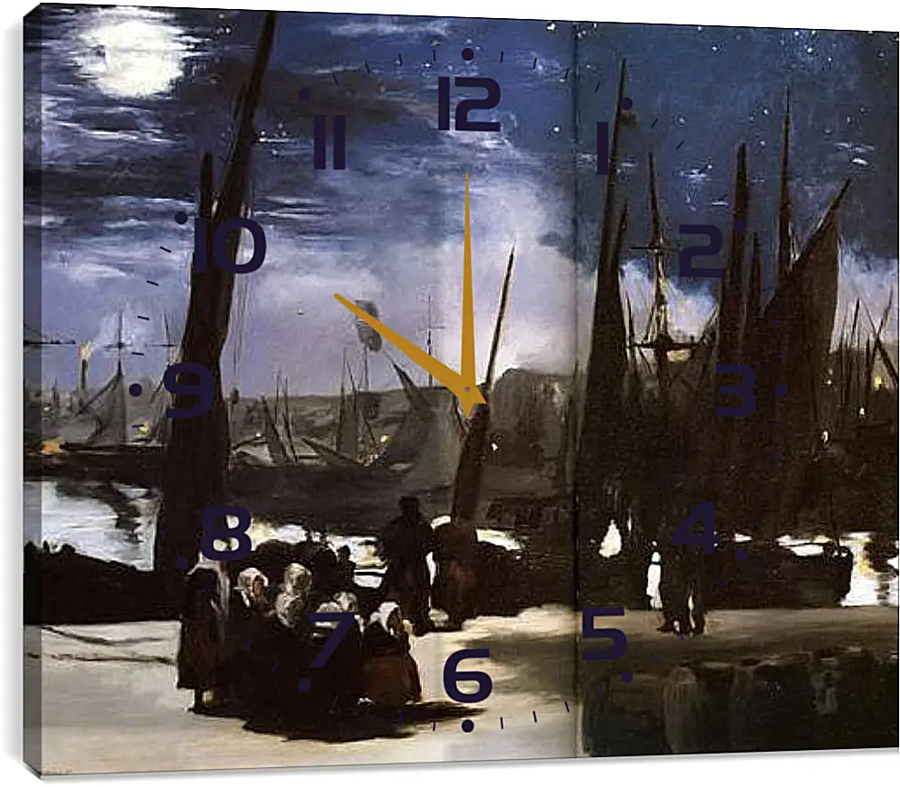 Часы картина - Clair de Lune sur le port de Boulogne,Moonlight on the wearing of Boulogne, Huile sur toile. Эдуард Мане