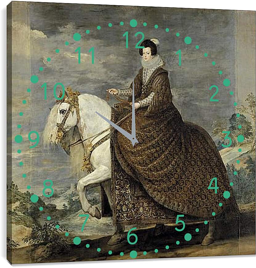 Часы картина - Queen Isabel de Bourbon wife of Felipe IV on Horseback. Диего Веласкес