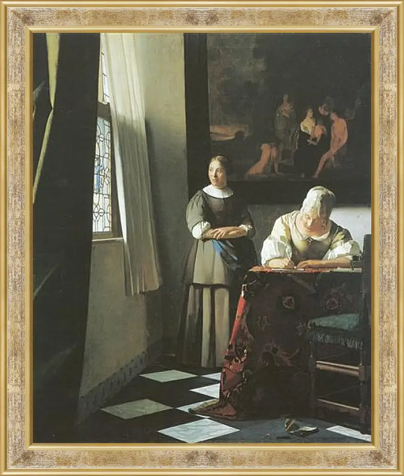 Картина в раме - Lady writing a letter with her maid. Ян (Йоханнес) Вермеер